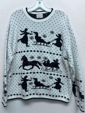 Classic Crewneck Sweater with Winter Sled Motif - White & Black